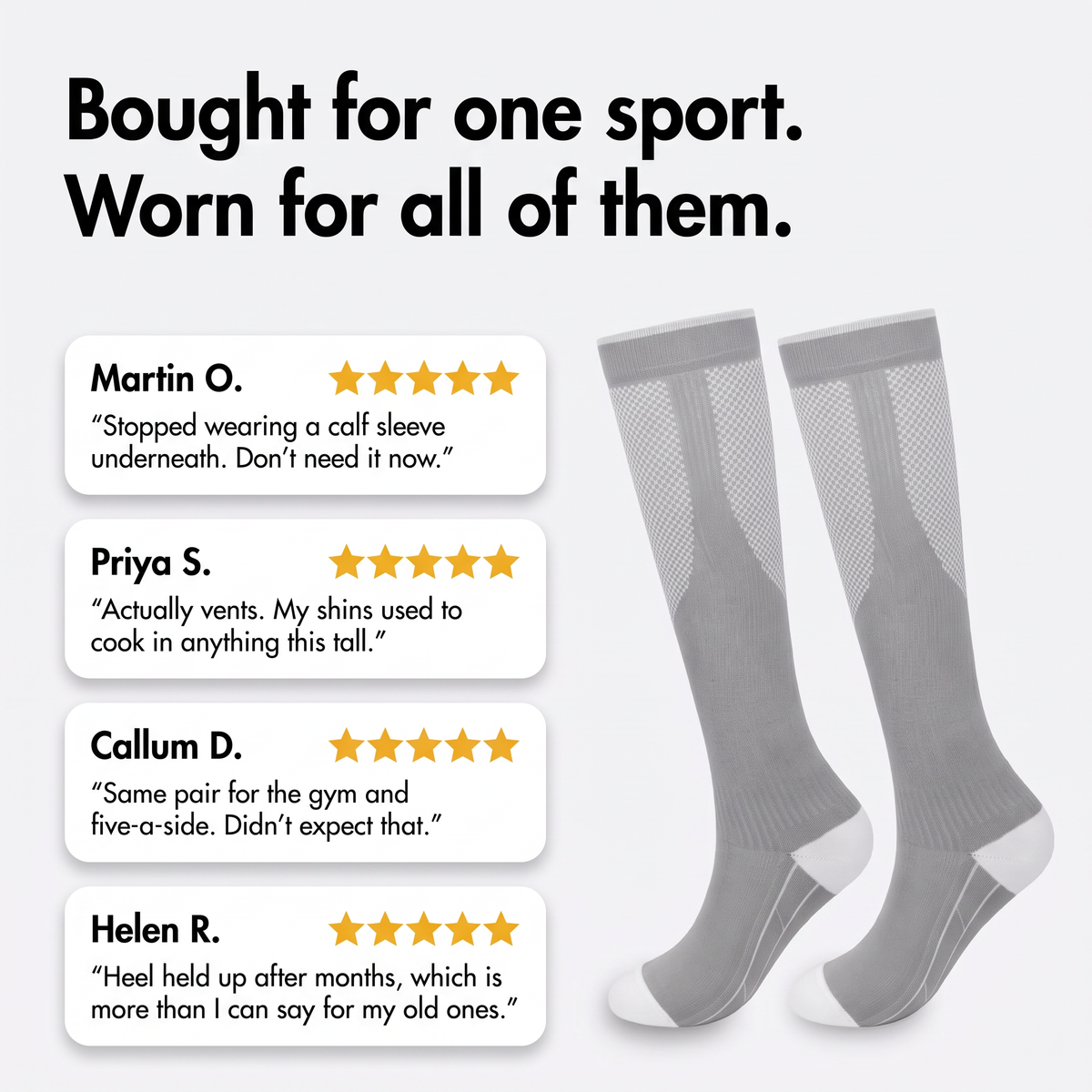 Customer review cards next to the sock