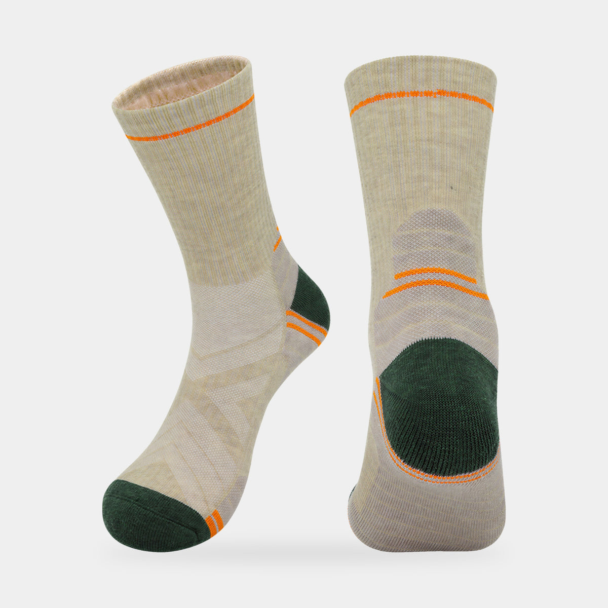 Wool blend hiking sock in Oatmeal with a dark green heel and toe, ribbed crew cuff and orange stripes