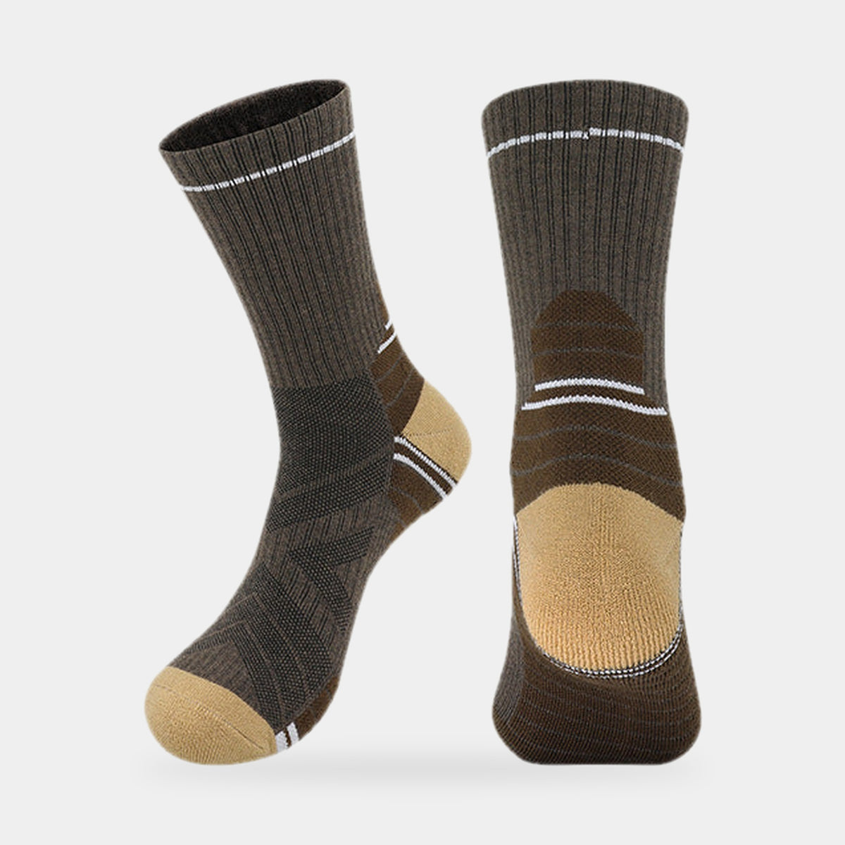 Wool blend hiking sock in Dark Brown with a tan heel and toe