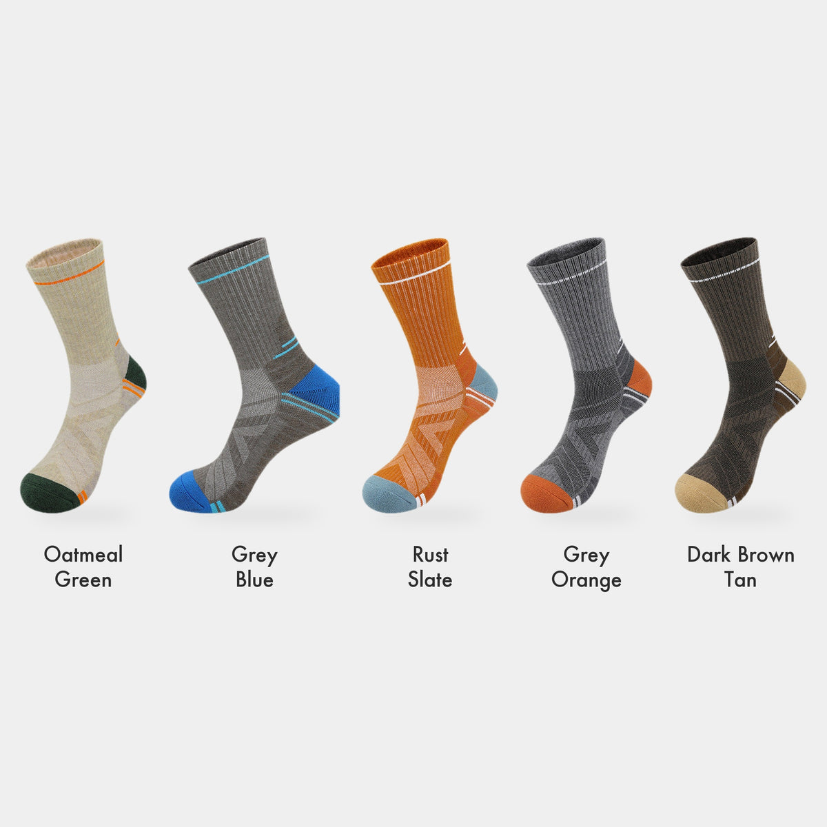 All five colourways shown at the same scale: Oatmeal Green, Grey Blue, Rust Slate, Grey Orange and Dark Brown Tan