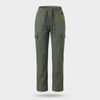 Terrabound women's cargo trousers in green, front view with elasticated drawcord waist and flap cargo pockets