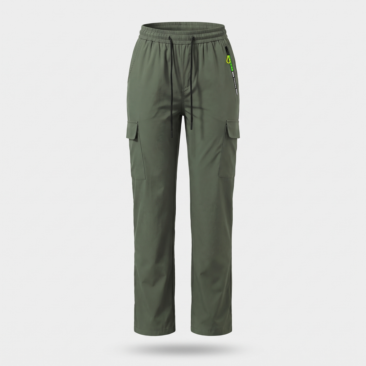 Terrabound women's cargo trousers in green, front view with elasticated drawcord waist and flap cargo pockets