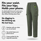 Terrabound women's cargo trousers infographic: fits your waist, fits your hips, holds your phone