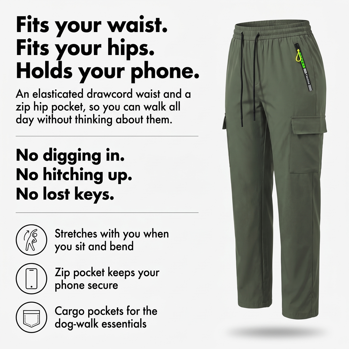 Terrabound women's cargo trousers infographic: fits your waist, fits your hips, holds your phone