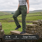 Woman on a drystone wall stile wearing the Terrabound women's cargo trousers: 4.7 average rating from 3 verified reviews
