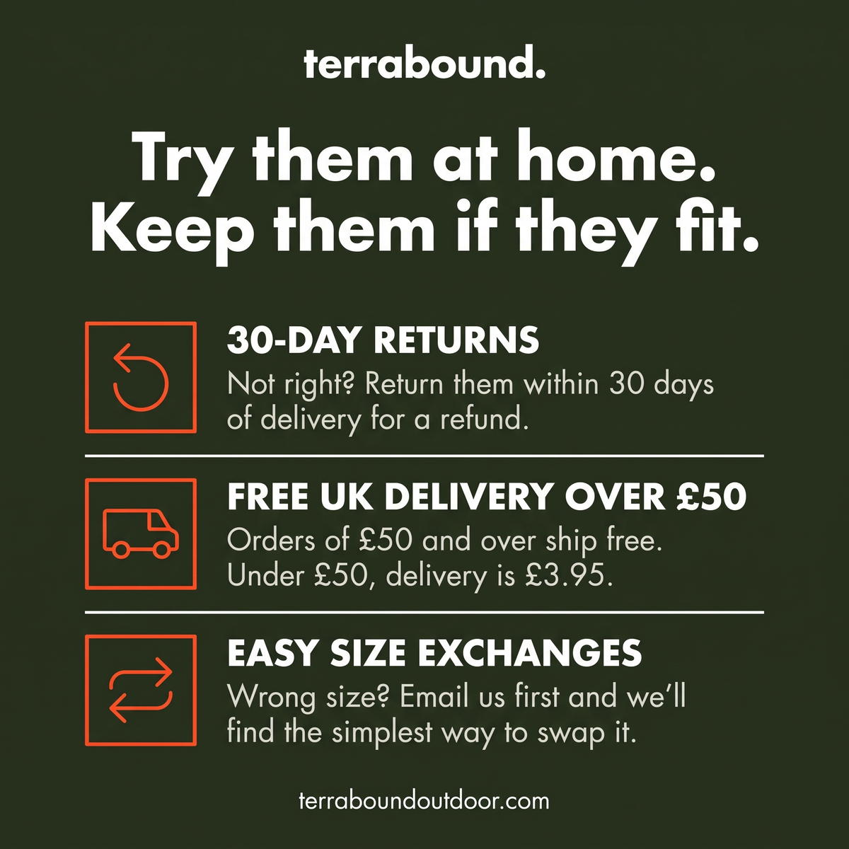 Terrabound 30-day returns, free UK delivery over £50 and easy size exchanges