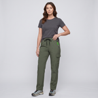 Woman wearing the Terrabound women's cargo trousers in green, full length