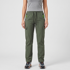 Terrabound women's cargo trousers in green worn, front view with zip hip pockets