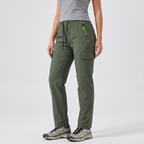 Terrabound women's cargo trousers in green worn, three-quarter side view showing the thigh cargo pocket