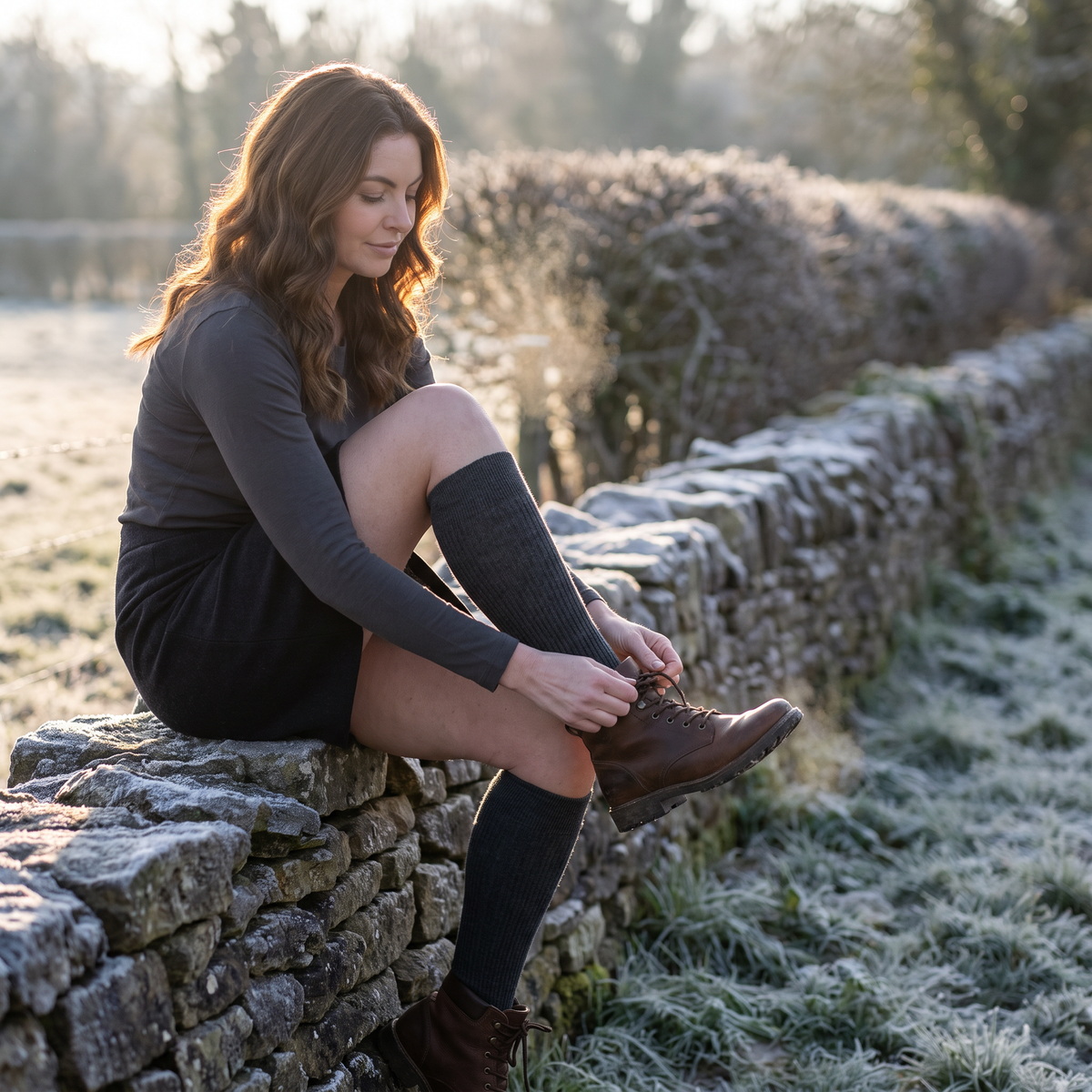 Woman lacing a walking boot on a frosty morning, wearing charcoal merino wool knee high socks