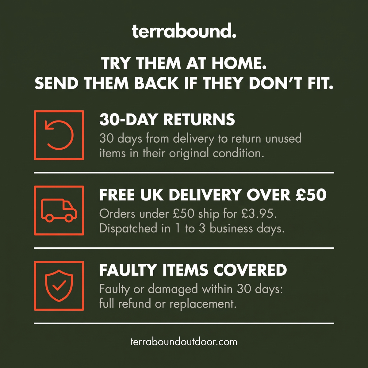 Terrabound 30-day returns, free UK delivery over £50 and faulty item terms