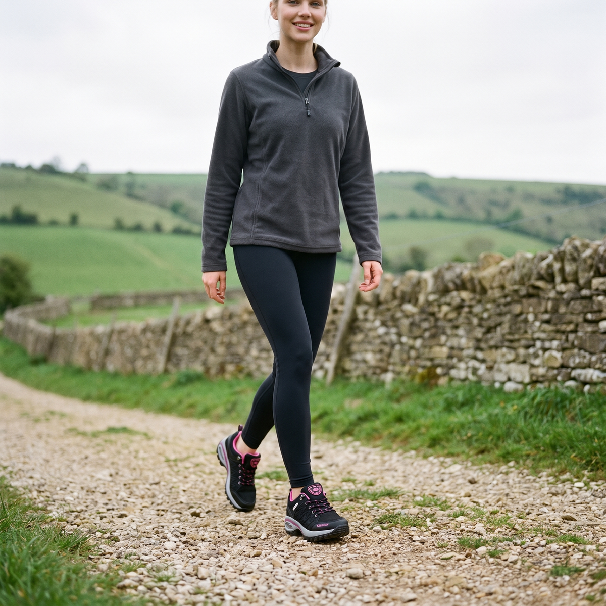 Woman walking a gravel footpath in the Cotswolds wearing the Terrabound women's walking shoes