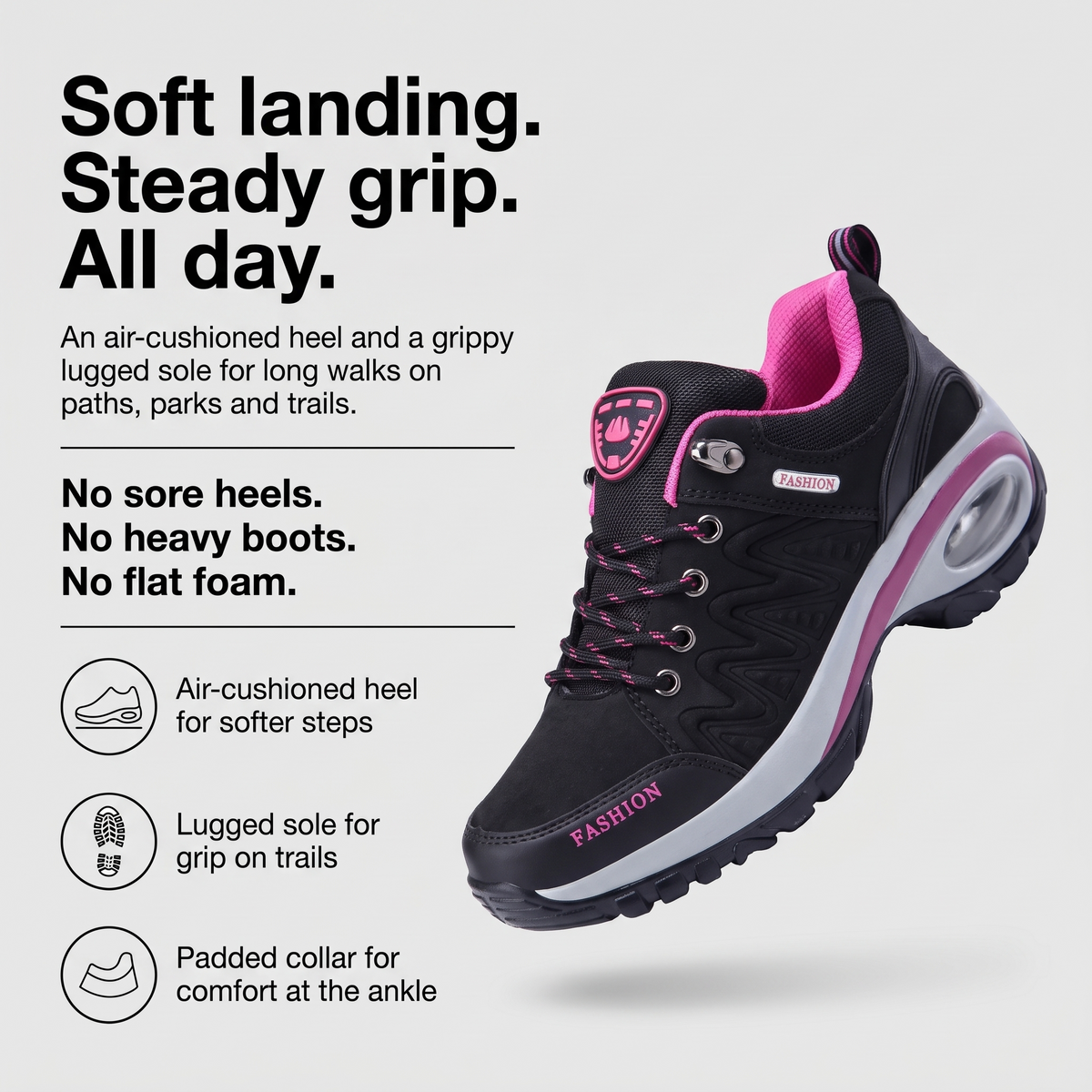 Terrabound women's walking shoes infographic: air-cushioned heel, lugged sole, padded collar