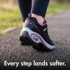 Close-up of the air-cushion heel of the Terrabound women's walking shoes on a tarmac path
