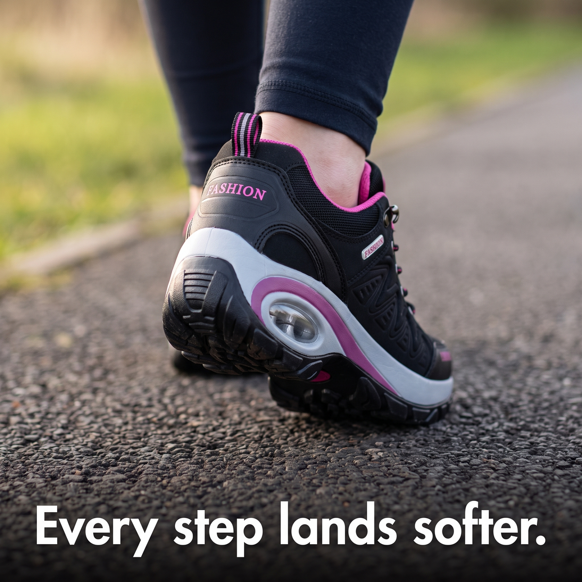 Close-up of the air-cushion heel of the Terrabound women's walking shoes on a tarmac path