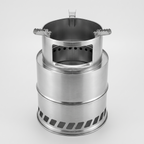 Large wood burning camping stove in stainless steel, with a tall pot support, a fuel window and three toothed pot arms