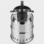 Medium wood burning camping stove in stainless steel, with upright vent slots and three toothed pot arms