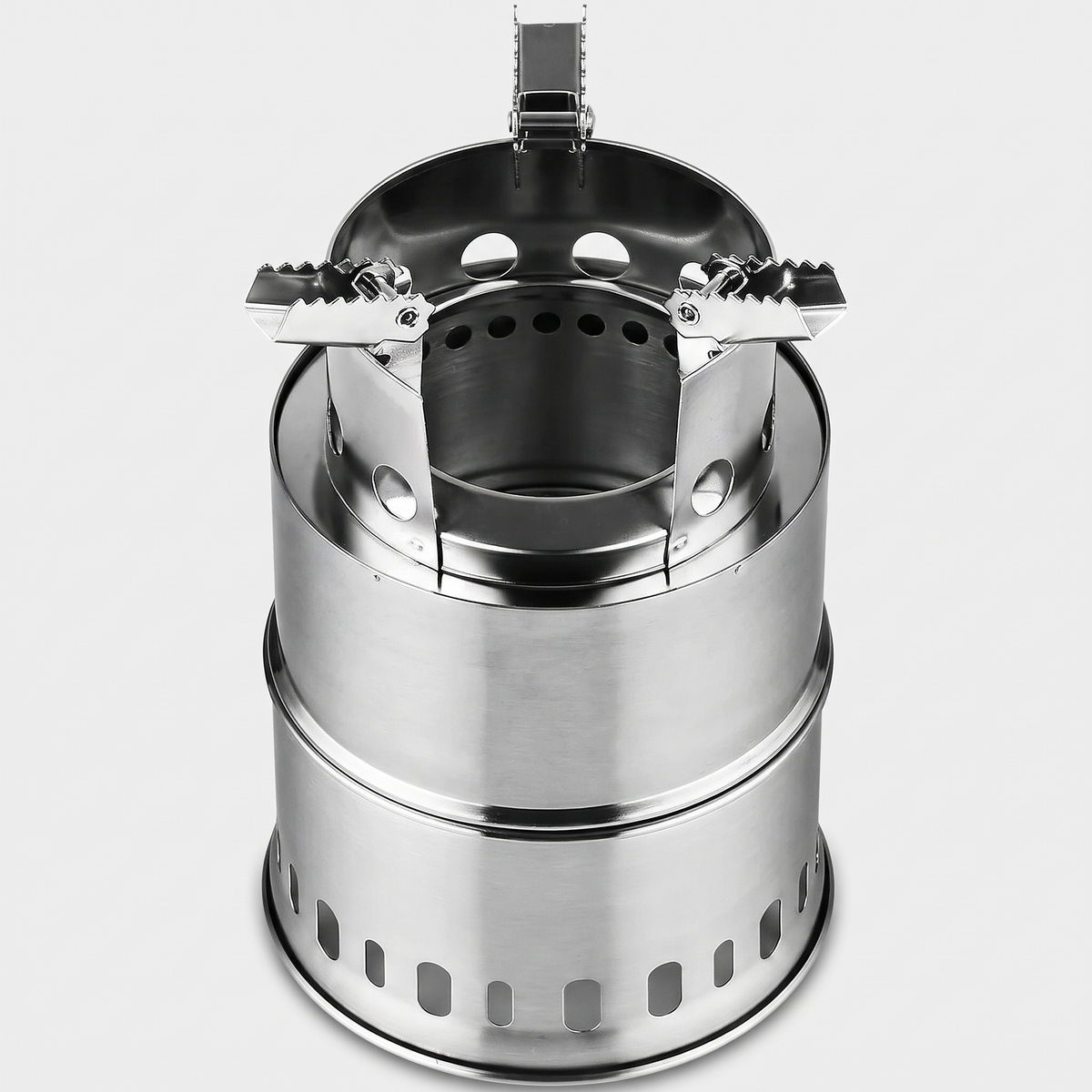Medium wood burning camping stove in stainless steel, with upright vent slots and three toothed pot arms