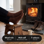 Wool socks by the stove after a walk: wool-rich, mid-calf, 7 colours