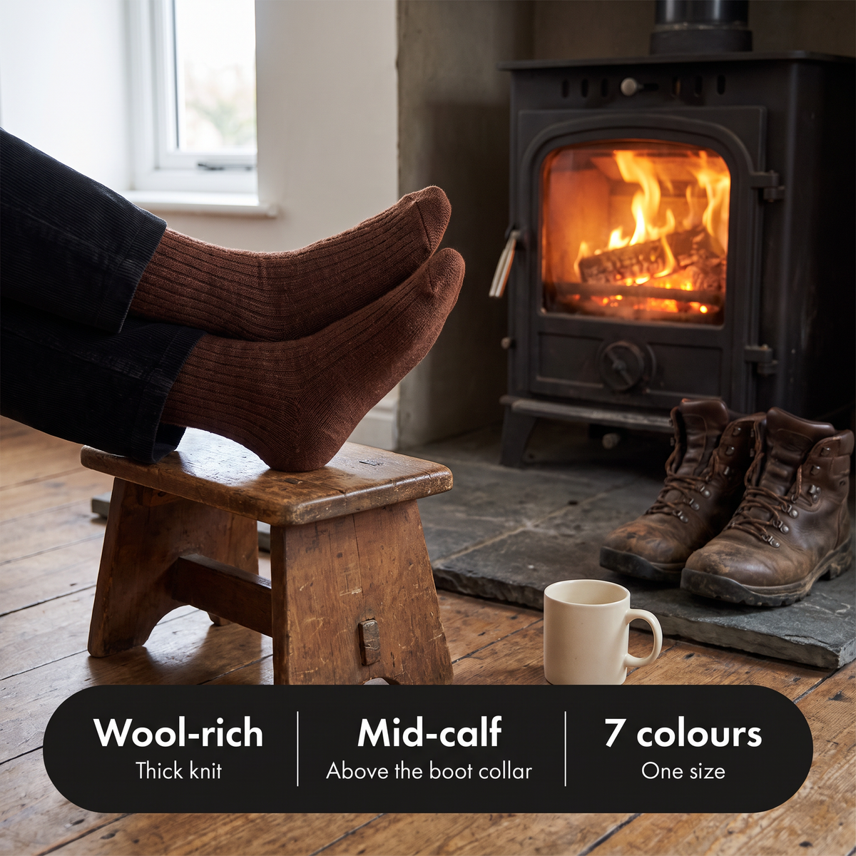 Wool socks by the stove after a walk: wool-rich, mid-calf, 7 colours